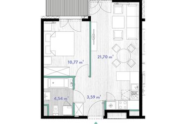 Rzut - Mieszkanie na sprzedaż 2 pokoje o powierzchni 40,74 m² - numer A.02.09 w Do Wilgi