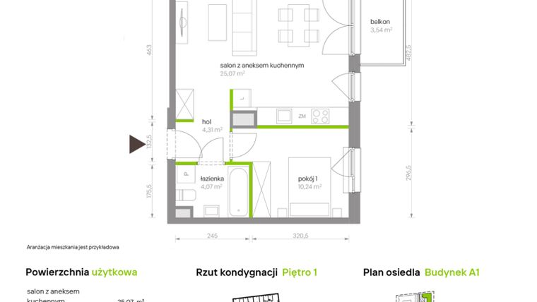 Rzut - Mieszkanie na sprzedaż 2 pokoje o powierzchni 43,69 m² - numer A1.1D97 w Bemowo Vita