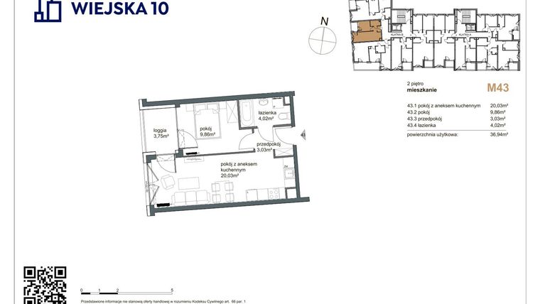 Rzut - Mieszkanie na sprzedaż 2 pokoje o powierzchni 36,94 m² - numer 43 w Wiejska 10