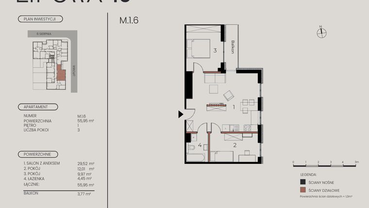 Rzut - Mieszkanie na sprzedaż 3 pokoje o powierzchni 55,95 m² - numer M.1.6 w Lipowa 43
