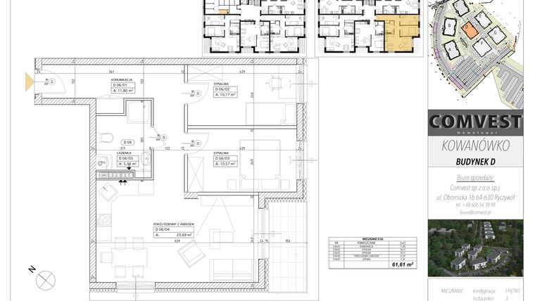 Rzut - Mieszkanie na sprzedaż 3 pokoje o powierzchni 60,39 m² - numer D6 w Kowanówko