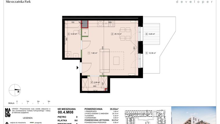 Rzut - Mieszkanie na sprzedaż 1 pokój o powierzchni 35,99 m² - numer 00.4.M08 w Mieszczańska Park