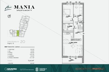 Rzut - Mieszkanie na sprzedaż 3 pokoje o powierzchni 72,42 m² - numer 20 w MANIA Apartamenty