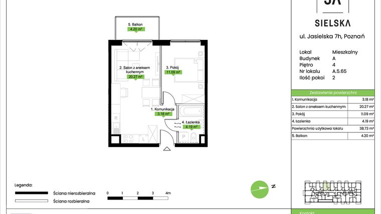 Rzut - Mieszkanie na sprzedaż 2 pokoje o powierzchni 38,73 m² - numer A.5.65 w JA_SIELSKA V