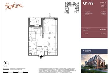 Rzut - Mieszkanie na sprzedaż 1 pokój o powierzchni 34,71 m² - numer G1/99 w Goplana budynek G