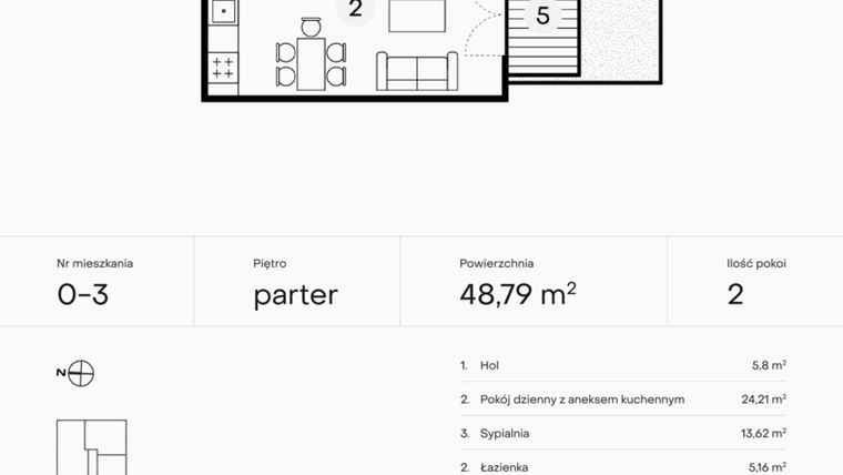 Rzut - Mieszkanie na sprzedaż 2 pokoje o powierzchni 48,79 m² - numer 0-3 w Pączka 1