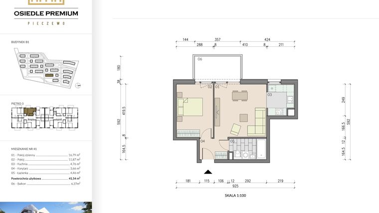 Rzut - Mieszkanie na sprzedaż 2 pokoje o powierzchni 41,54 m² - numer B1.41 w Osiedle Premium etap IV