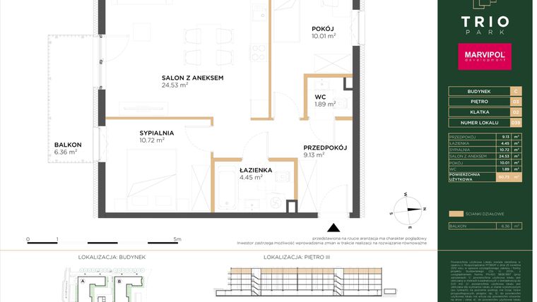 Rzut - Mieszkanie na sprzedaż 3 pokoje o powierzchni 60,73 m² - numer C039 w Trio Park bud. C