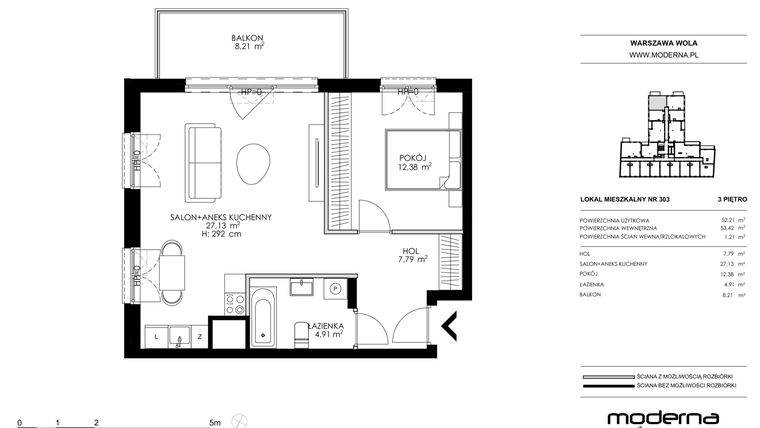 Rzut - Mieszkanie na sprzedaż 2 pokoje o powierzchni 52,21 m² - numer 303 w Chronos