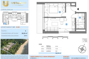 Rzut - Mieszkanie na sprzedaż 1 pokój o powierzchni 38,29 m² - numer 0.3 w Ustronie Luxury Apartments