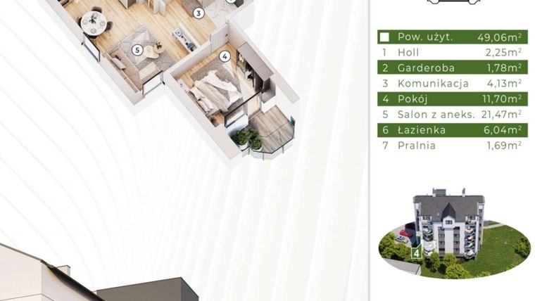 Rzut - Mieszkanie na sprzedaż 2 pokoje o powierzchni 49,06 m² - numer 21.M4 w Osiedle Leśny Zakątek