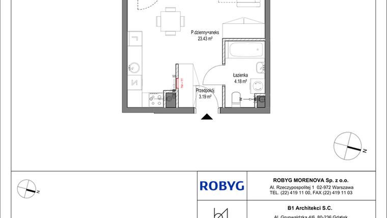 Rzut - Mieszkanie na sprzedaż 1 pokój o powierzchni 30,8 m² - numer A.1M05 w Leszczyńskich 2