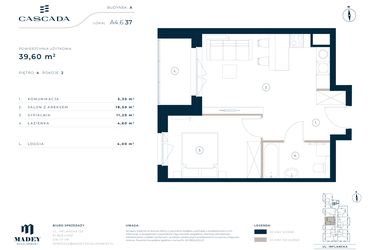 Rzut - Mieszkanie na sprzedaż 2 pokoje o powierzchni 39,6 m² - numer A4.6.37 w Cascada