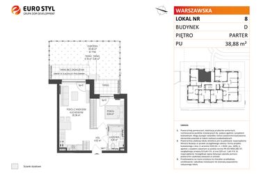 Rzut - Mieszkanie na sprzedaż 2 pokoje o powierzchni 38,88 m² - numer D.8 w Osiedle Warszawska etap II