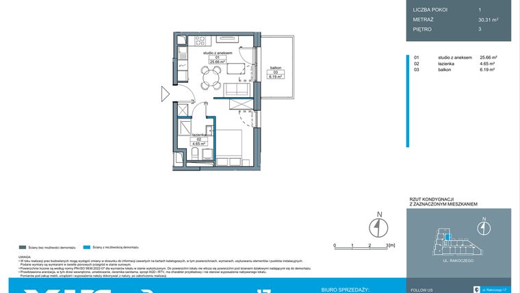 Rzut - Mieszkanie na sprzedaż 1 pokój o powierzchni 30,38 m² - numer A.3.13 w Rakoczego 17