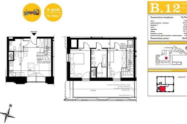 Rzut - Mieszkanie na sprzedaż 3 pokoje o powierzchni 72,79 m² - numer B.12 w ART MODERN etap III - Modern Loft