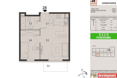 Rzut - Mieszkanie na sprzedaż 2 pokoje o powierzchni 33,4 m² - numer 28C w Ecco Panorama etap II budynki C, D