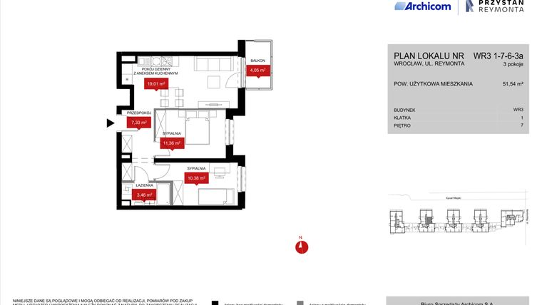 Rzut - Mieszkanie na sprzedaż 3 pokoje o powierzchni 51,54 m² - numer WR3 1/7/6/3a w Przystań Reymonta etap II