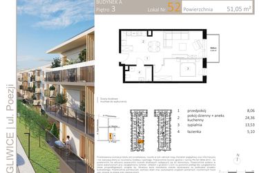 Rzut - Mieszkanie na sprzedaż 2 pokoje o powierzchni 51,33 m² - numer A.52 w Poezji