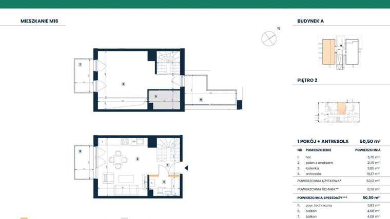 Rzut - Mieszkanie na sprzedaż 2 pokoje o powierzchni 50,18 m² - numer M16 w Reneta