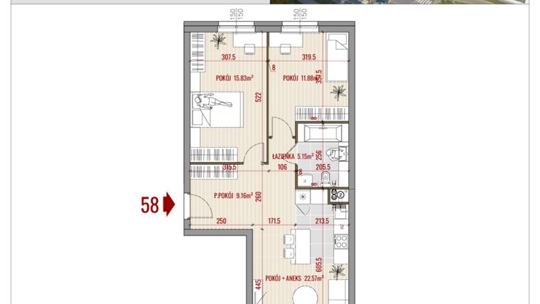 Rzut - Mieszkanie na sprzedaż 3 pokoje o powierzchni 64,59 m² - numer B1.58 w HUZAR B1