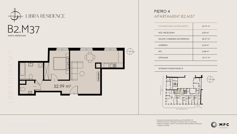 Rzut - Mieszkanie na sprzedaż 2 pokoje o powierzchni 52,99 m² - numer B2.M37 w Libra Residence