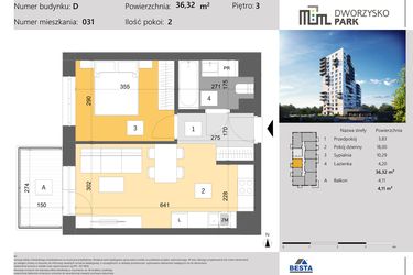 Rzut - Mieszkanie na sprzedaż 2 pokoje o powierzchni 36,32 m² - numer 31 w Dworzysko Park - Etap III