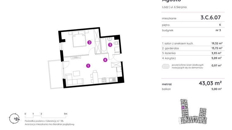 Rzut - Mieszkanie na sprzedaż 1 pokój o powierzchni 42,78 m² - numer 3.C.6.07 w Murapol Agosto