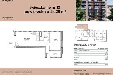 Rzut - Mieszkanie na sprzedaż 2 pokoje o powierzchni 44,29 m² - numer M15 w Plac Słowiański 9