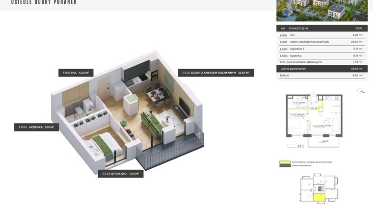 Rzut - Mieszkanie na sprzedaż 2 pokoje o powierzchni 45,86 m² - numer E.2.11 w Dobry Poranek