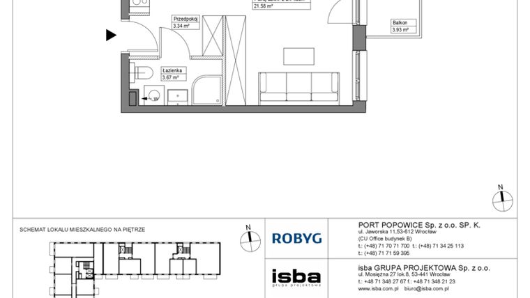 Rzut - Mieszkanie na sprzedaż 1 pokój o powierzchni 28,56 m² - numer PPO/W/A/4/3 w Port Popowice bud. W