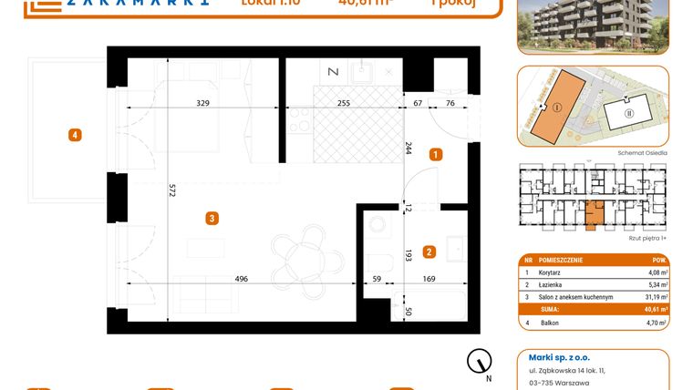 Rzut - Mieszkanie na sprzedaż 1 pokój o powierzchni 40,61 m² - numer B1/1/10 w Zakamarki
