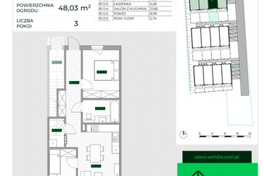 Rzut - Mieszkanie na sprzedaż 3 pokoje o powierzchni 57,5 m² - numer B1 w Zielona Krzyszkowicka
