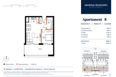 Rzut - Mieszkanie na sprzedaż 2 pokoje o powierzchni 43,67 m² - numer 8 w Apartamenty Marina Rogowo