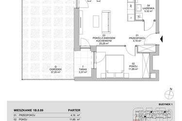 Rzut - Mieszkanie na sprzedaż 2 pokoje o powierzchni 46,65 m² - numer 1B.0.89 w Francuska Park VIIIB