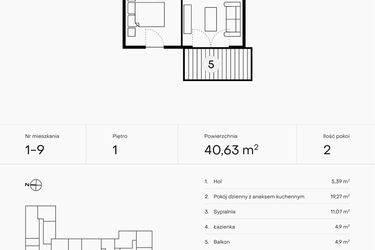 Rzut - Mieszkanie na sprzedaż 2 pokoje o powierzchni 40,63 m² - numer 1-9 w Pączka 1