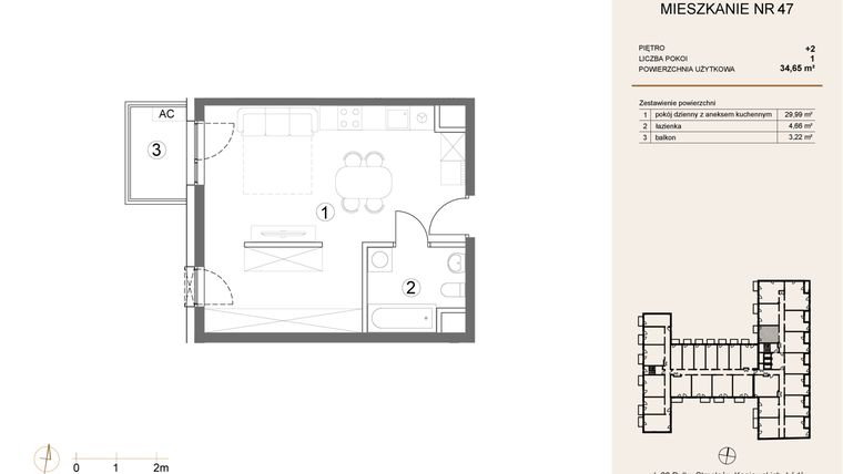 Rzut - Mieszkanie na sprzedaż 1 pokój o powierzchni 34,65 m² - numer 47 w Waterlane Vibe