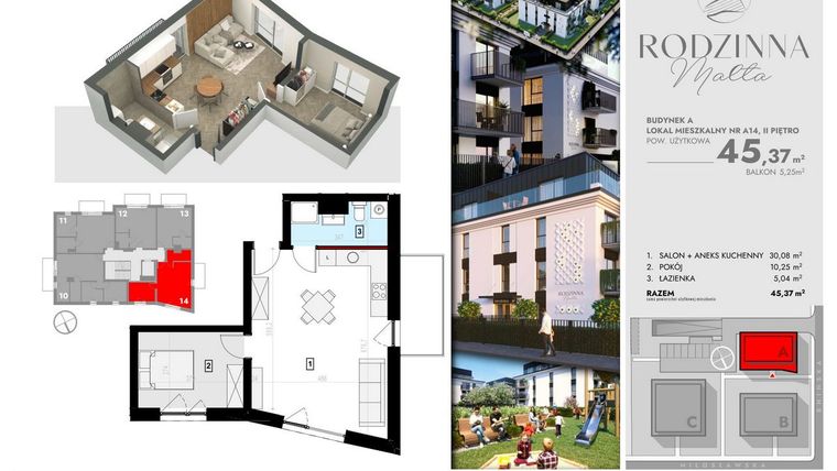 Rzut - Mieszkanie na sprzedaż 2 pokoje o powierzchni 45,83 m² - numer A14 w Rodzinna Malta