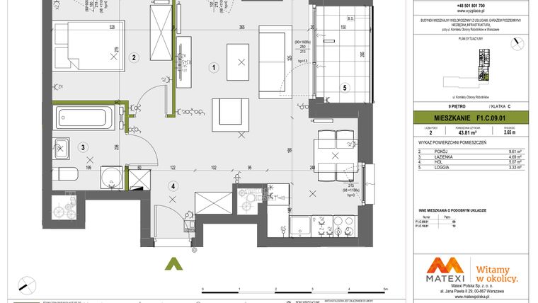 Rzut - Mieszkanie na sprzedaż 2 pokoje o powierzchni 43,81 m² - numer F1.C.09.01 w XYZ Place