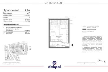 Rzut - Mieszkanie na sprzedaż 1 pokój o powierzchni 32,57 m² - numer 7.16 w Trimare