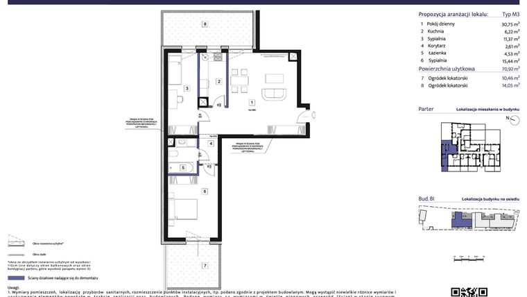 Rzut - Mieszkanie na sprzedaż 3 pokoje o powierzchni 70,92 m² - numer B1 – M0.6 w Primacasa