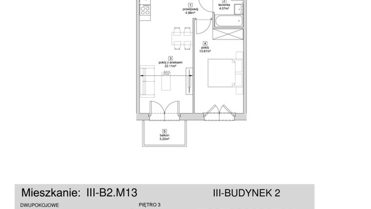 Rzut - Mieszkanie na sprzedaż 2 pokoje o powierzchni 44,83 m² - numer III-B2.M13 w Strefa Cegielnia 3