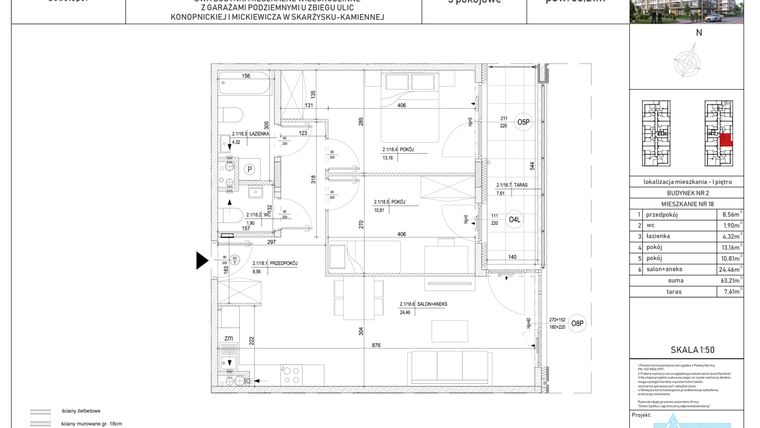 Rzut - Mieszkanie na sprzedaż 2 pokoje o powierzchni 63,21 m² - numer M-18 w Apartamenty Konopnickiej