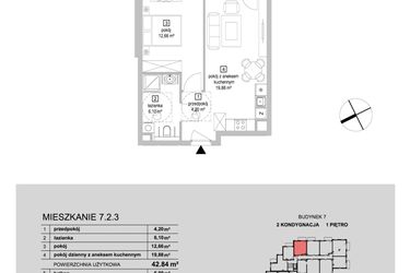 Rzut - Mieszkanie na sprzedaż 2 pokoje o powierzchni 42,84 m² - numer 7.2.3 w Osiedle Przyjemne IV
