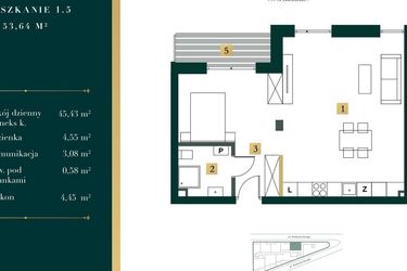 Rzut - Mieszkanie na sprzedaż 1 pokój o powierzchni 52,84 m² - numer 1.5 w New Iron