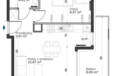 Rzut - Mieszkanie na sprzedaż 2 pokoje o powierzchni 40,38 m² - numer A-22 w Destino