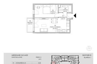 Rzut - Mieszkanie na sprzedaż 2 pokoje o powierzchni 45,13 m² - numer BI.3.M23 w Przewóz 42 ATAL II