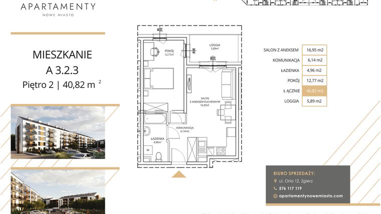 Rzut - Mieszkanie na sprzedaż 2 pokoje o powierzchni 40,82 m² - numer A3.2.3 w Apartamenty Nowe Miasto