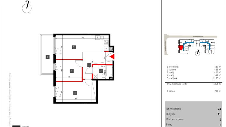 Rzut - Mieszkanie na sprzedaż 3 pokoje o powierzchni 56,8 m² - numer 24 w Mochtyńska 56