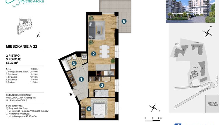 Rzut - Mieszkanie na sprzedaż 3 pokoje o powierzchni 63,33 m² - numer A.22 w Kapelanka-Pychowicka Etap III